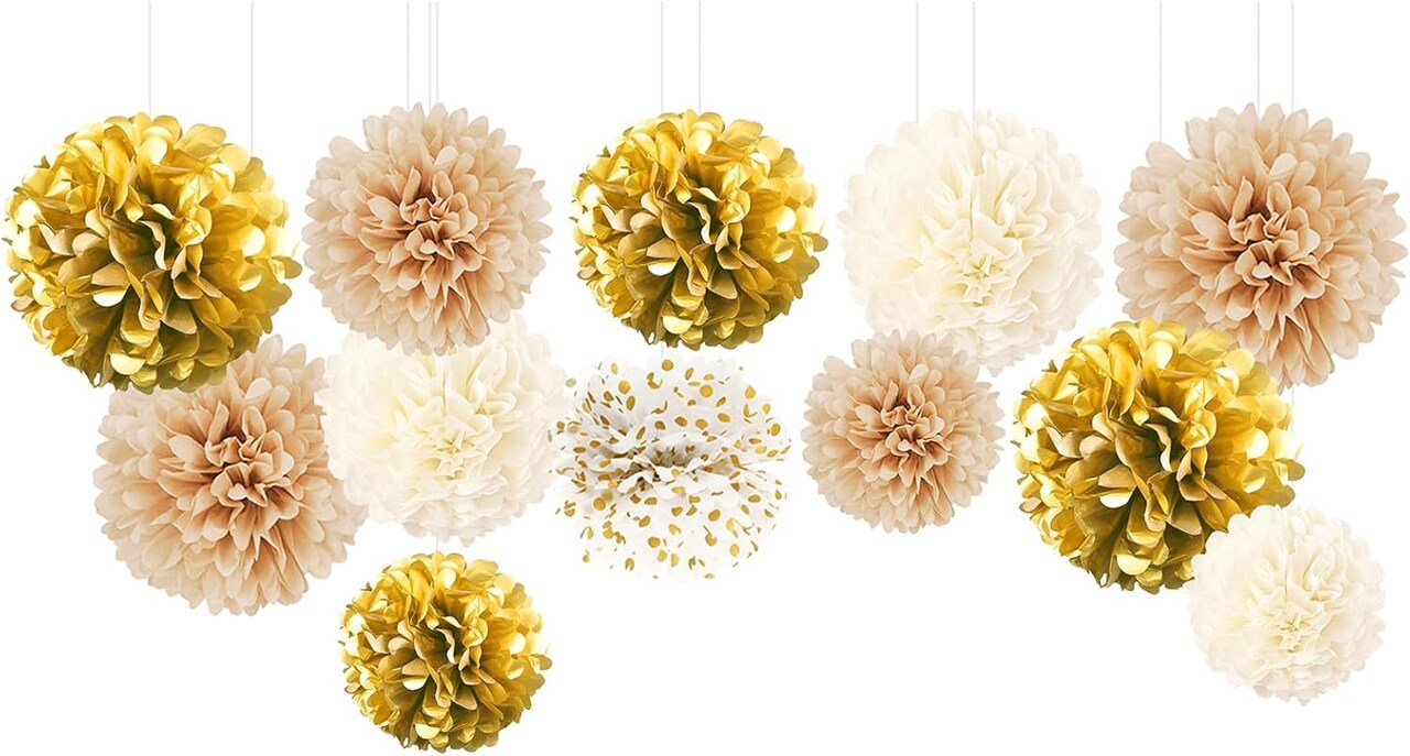 White Gold Party Decoration, 12 PCS White Gold Champagne Tissue Paper Pom Poms Paper Flowers for Wedding Bridal Baby Shower Engagement Birthday Prom Festival Party Supplies Visit the NICROHOME EUR Store
